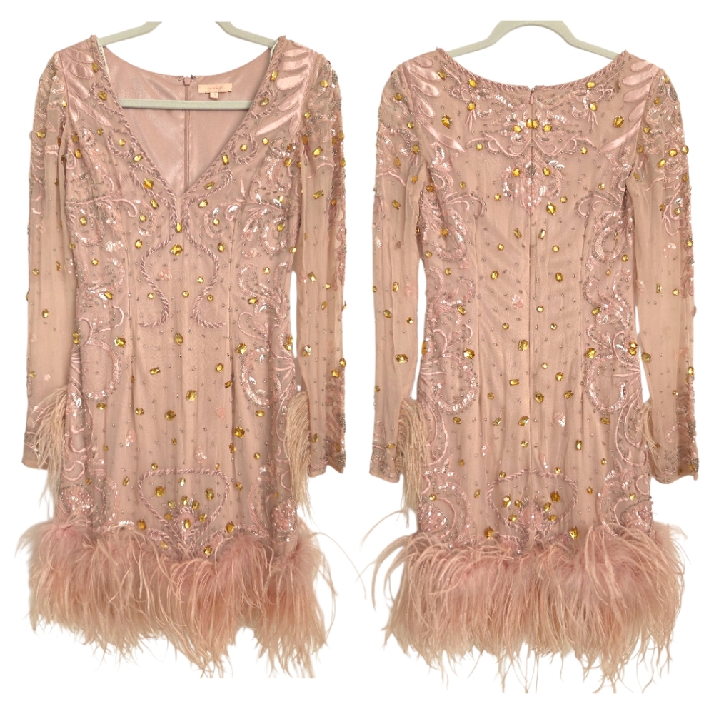 Issue Ney York Embelished Rhinestone Pink Feather Mini Silk Dress Size 2 or 4